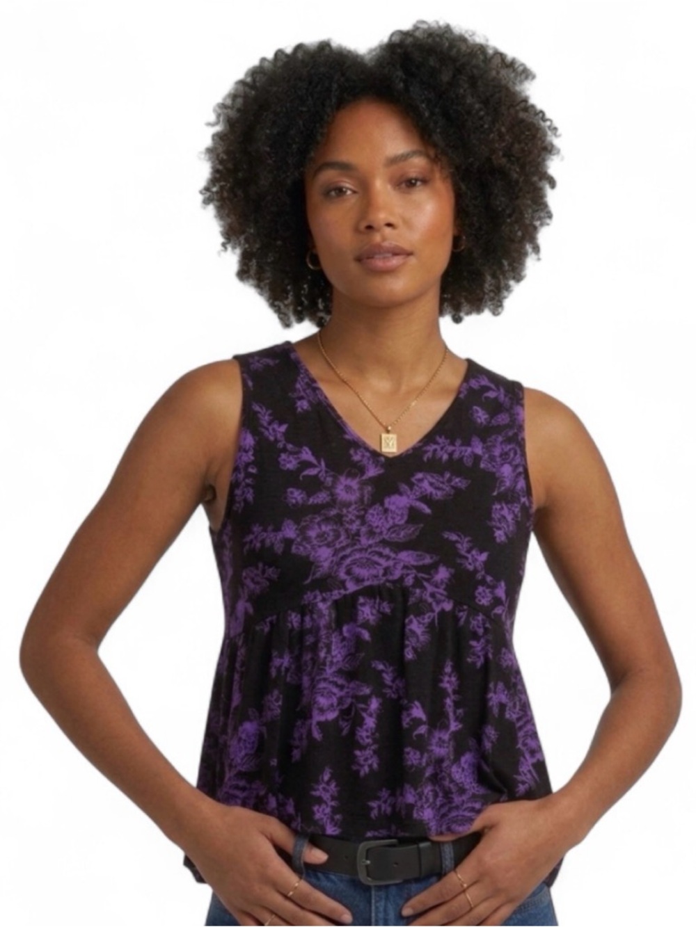 Floral Sleeveless Tank Top Purple Black Boho Chic V-Neck Blouse XL